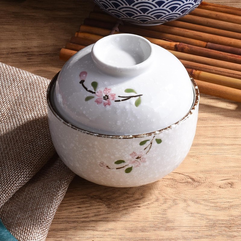 Japanese Ceramic Soup Bowl with Lid Traditional Rice Bowl with