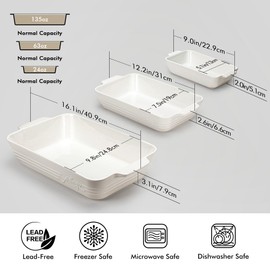 Ceramic Baking Dish Set, 3-Piece Casserole Dishes for Oven, Rectangular Baking Pans, Deep Lasagna Pans with Handles, Multi-Size Set for Cooking, Baking, Serving, and Gifting, White (16.1''/12.2''/9'')