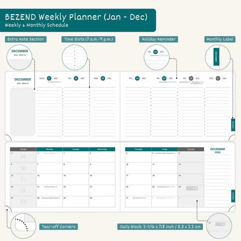 BEZEND Agenda 2026 Weekly and Monthly (9" x 5.5") Horizontal