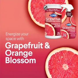 Clorox Scentiva Disinfecting Multi-Surface Cleaner Spray 32 Ounce & Disinfecting Wipes-75 Count, Tahitian Grapefruit Splash Scent Bundle