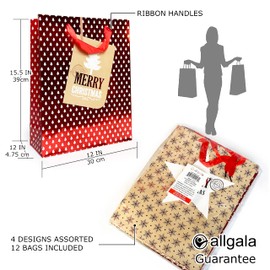 allgala 12-PC (15.5x12 inch) Premium Metallic Foil Hotstamping Chritmas Gift Bag-GP91053