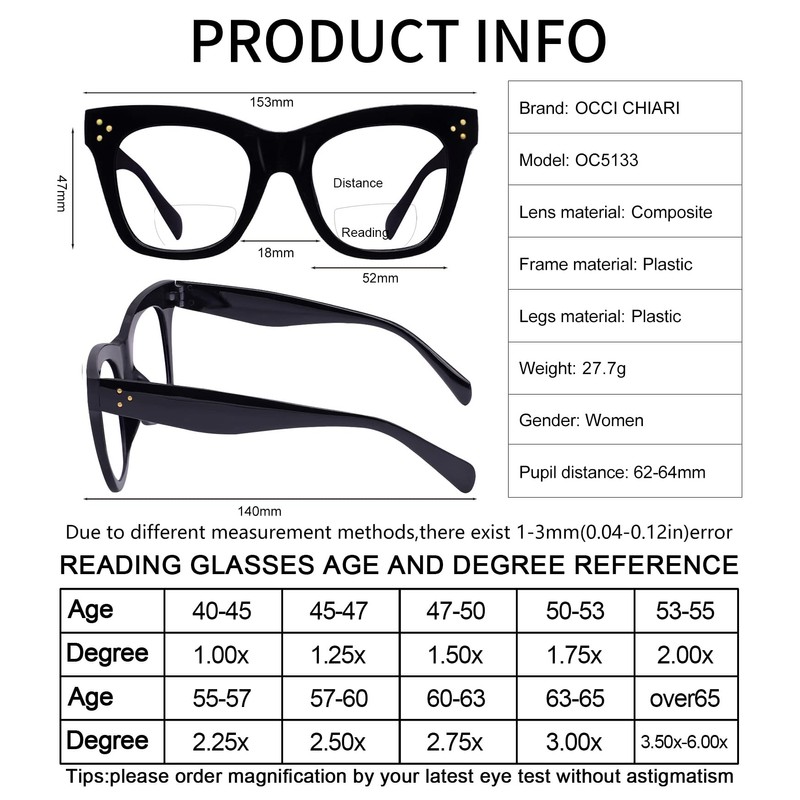 OCCI CHIARI Bifocal Reading Glasses 1.75 Womens Trendy Blue Light