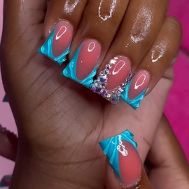 Blue French Tips Press on Nails Medium Duck False Nails with Colorful Rhinestones Design Glossy Skin Tones Fake Nails 3D Water Ripple Glue on Nail Sparkly Stick on Nail for Women Manicure 24Pcs