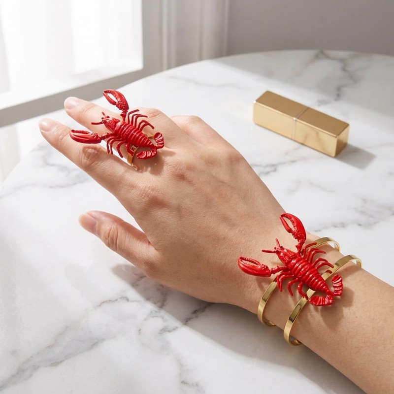 MYANAIL Fun Lobster Bracelet Ring Set for Women 3D Red