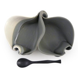 Contemporary Twist Double Server Dish with Rosewood Spoon, Handmade Stoneware Pottery, Grey/White
