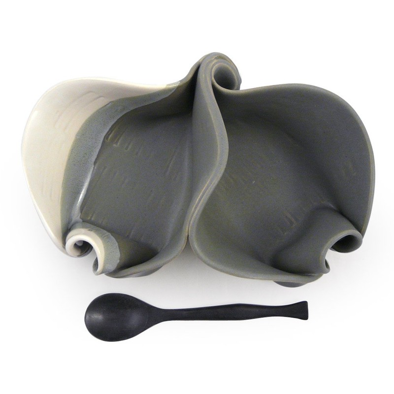 Contemporary Twist Double Server Dish with Rosewood Spoon, Handmade Stoneware