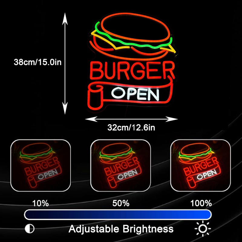 BNEMCEZH Burger Open Neon Sign Dimmable Delicious Hamburger LED Light