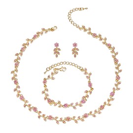 Clearine Wedding Jewellery Set for Women Bride, Gorgeous Stunning Crystal Flower Leaf Cluster Choker Necklace Link Bracelet Stud Earrings for Bridal Bridesmaid Pink Gold-Tone