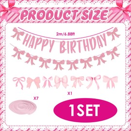 Ptenzor Coquette Pink Bow Birthday Banner - Glitter Garland for Women’s Birthday Party Decorations, Hanging Swirls Backdrop for Bridal Showers or Girls’ Celebrations