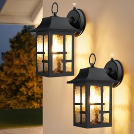 OKELI Dusk to Dawn Outdoor Wall Lights, Exterior Waterproof Lantern, Front Porch Sconce Lighting with Water Ripple Glass Shade, Anti-Rust Wall Lamps Outside Lights for Garage (Black-SIZE-M-2pack)