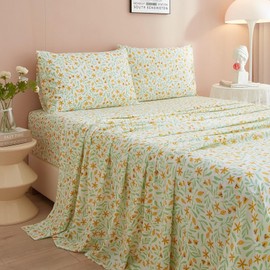 Chic Floral Twin Size Sheets Set - Soft Cooling Sheets with Flower Leaves Print, 3 Pieces & Pillowcase, 16' Deep Pocket, Easy Care
