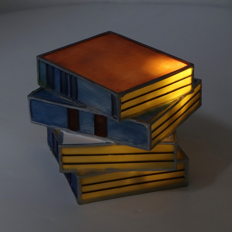 Stained Book Lamp Vintage Style Soft Lighting Stacked Books Table