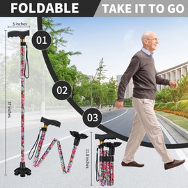 Walking Cane ATMTV Cane for Woman | Mobility & Daily Living Aids | 5-Level Height Adjustable Walking Stick | Comfortable Plastic T-Handle Portable Folding Cane with Replace Tip Pink Printing