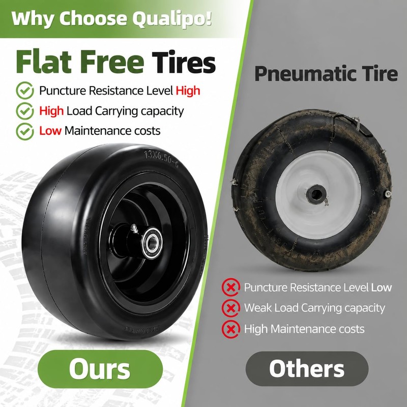 2PCS 13x6.50-6 Flat Free Front Zero Turn Lawn Mower Tires,
