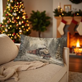 DOFQZ Vintage Winter Forest Steam Train Pillow Covers 12x20, Farmhouse Winter Decor, Retro Snowy Christmas Xmas Tree Decorative Lumbar Pillow Covers for Home Bedroom Living Room