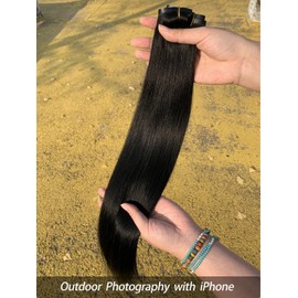 LOVELINE Seamless Clip in Hair Extensions Real Human Hair, Invisible PU Skin Weft Straight Clip in Extensions, Remy Human Hair Extensions Clip ins for Women, 24 Inch 110g 7Pcs, Jet Black