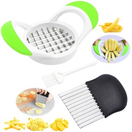 Crinkle Cutter, Handheld Stainless Steel Wavy Slicer Veggies Salad Vegetable Garnishing Chopping Tools with Cleaning Brush, Fry Cutter for Potatoes (3-piece Set)