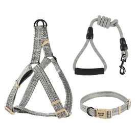 Barky Club Dog & Cat Harness Set – Adjustable Linen Leash, Collar & Harness – Breathable, Lightweight & Comfortable, Suitable for Small to Medium Pets (Grey, S)