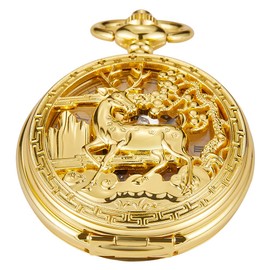 Tiong Double Open Mechanical Roman Numeral Men's Pocket Watch, Golden Deer Skeleton Case Mechanical Pocket Watch Roman Numerals for Men
