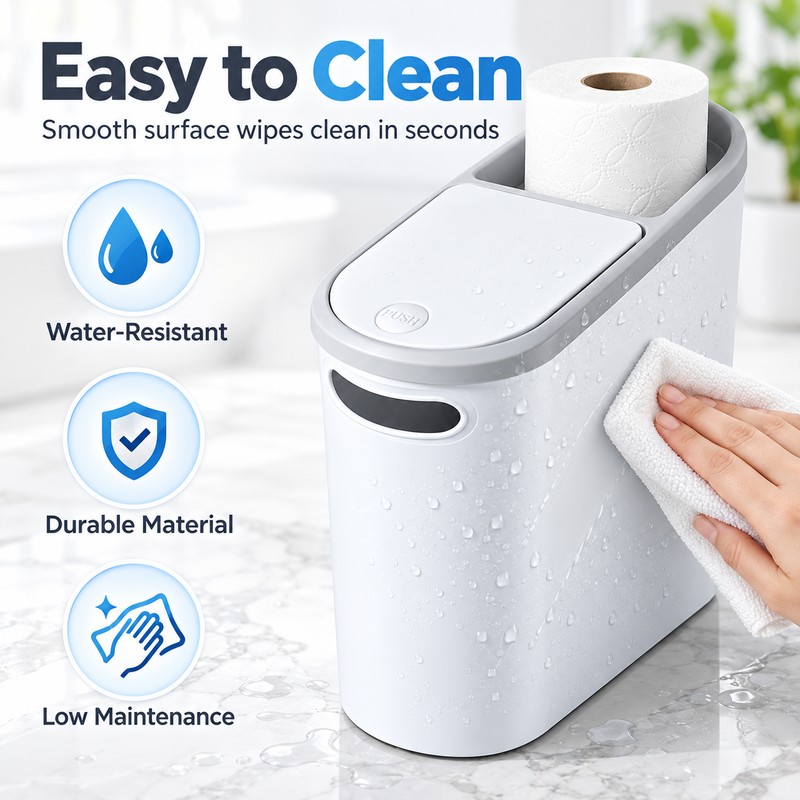 Slim Trash Can with Press-Top Lid for Small Spaces –