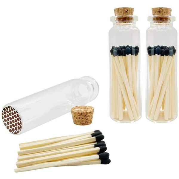 Thankful Greetings Bold Black Tip 2" Safety Matches | 3 Glass Bottles Each with Cork Top, Striker & 20 Matchsticks (60+ Total) | Decorative Unique & Fun Artisan Set for Your Home, Gifts, & Events