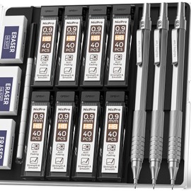 Nicpro 0.9 mm Mechanical Pencils Set, 3 Pieces Metal Automatic Drawing Pencil, Mechanical Pencil, with 6 Tubes of HB Pencil Leads and 3 Erasers for Writing Draft, Drawing, Sketch with Case