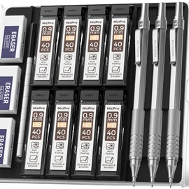 Nicpro 0.9 mm Mechanical Pencils Set, 3 Pieces Metal Automatic Drawing Pencil, Mechanical Pencil, with 6 Tubes of HB Pencil Leads and 3 Erasers for Writing Draft, Drawing, Sketch with Case