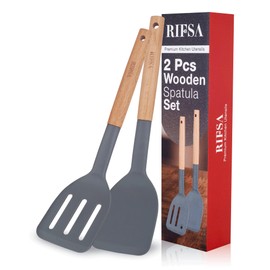Pack of 2 Silicone Spatula, Non Stick Slotted Spatulas with Wooden Handle, Ideal Wood Kitchen Utensils Set for Frying, Baking, Flipping & Turning, Heat Resistant Silicone Turner for Non Stick Cookware