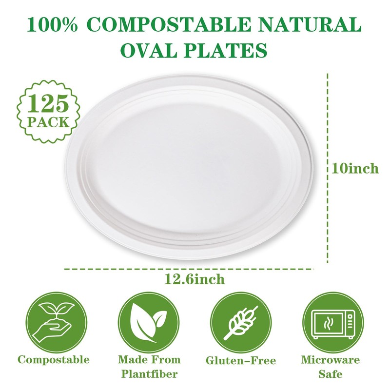 DaYammi 100% Compostable Oval Paper Plates 12 Inch, 125-Pack Heavy