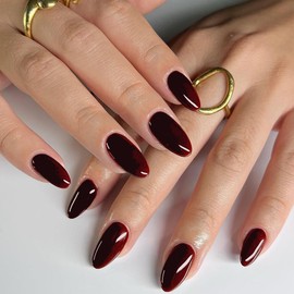 GLAMERMAID Press on Nails Almond Medium 24 PCS, Handmade Jelly Soft Gel Deep Red Glue on Nails Stiletto, Burgundy Gothic Fake Nails Set, Reusable Acrylic Stick on False Nails Manicure Kit for Women