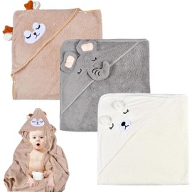 Qooloo 3 Pieces Baby Hooded Towel, Hooded Bath Towel for Children, Baby Towel Bamboo Super Absorbent, Baby Bath Towel Set, Toddler Bath Towels with Baby Gift