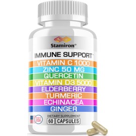 8 in 1 Immune Support with Quercetin Zinc 50mg Vitamin C 1000mg Vitamin D3 5000 IU and Elderberry Echinacea Ginger for Adults Kids - VIT D Supplement Veg Capsules
