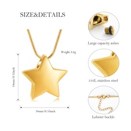 Cremation Jewelry Small Star Urn Necklace For Ashes Stainless Steel Memorial Necklace for Women Men Keepsake Jewelry for Human Ashes with Filling Kits(Gold)