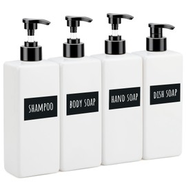 Segbeauty 4 Packs Bathroom Soap Dispenser, 16.9oz Refillable Shampoo and Conditioner Bottles, 500ml Empty Plastic Square Press Pump Bottle Hand Soap Dispenser for Modern Bathroom Kitchen Decor