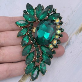 SELOVO Leaf Flower Green Rhinestone Crystal Brooch Pin Accessory Gold Tone