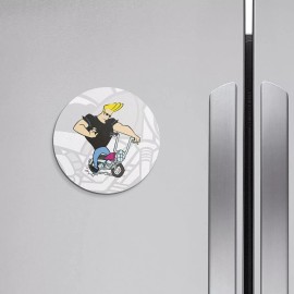 Unbranded Johnny Bravo Cartoon Biker | 4'' X 4'' Round Decorative Magnet