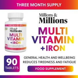 Millions & Millions Multivitamin + Iron Supplement for Men & Women - 90 Easy to Swallow Tablets - General Health and Wellbeing Support - Vegetarian Friendly - 3 Month Supply