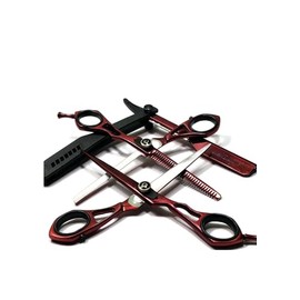 Red Barber Scissors Shears and Thinners 6.5” Japanese Steel With Razor Comb Set