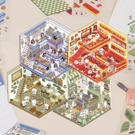 3D House Stickers, DIY Sticker Therapy for Adult Fun Cute Cartoon Stickers Scene Make Your Own Mini Room Scenes Miniature Supermarket for Relief Stress Pass The Time (4 Pcs)
