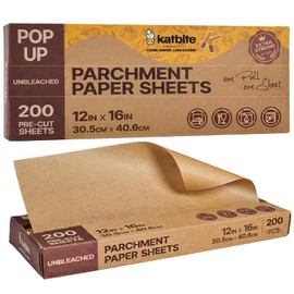 Katbite Parchment Paper Sheets Pop-Up 200 PCS, 12x16 Inches Precut Unbleached Baking Parchment, Extra Strong, Non-stick, Non-toxic, Heavy Duty Flat Baking Paper for Oven, Cooking, Grilling, Air Fryer