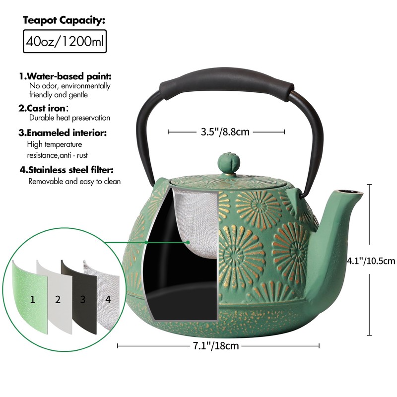 MILVBUSISS Cast Iron Teapot, 40oz Tea Kettle with Infuser for