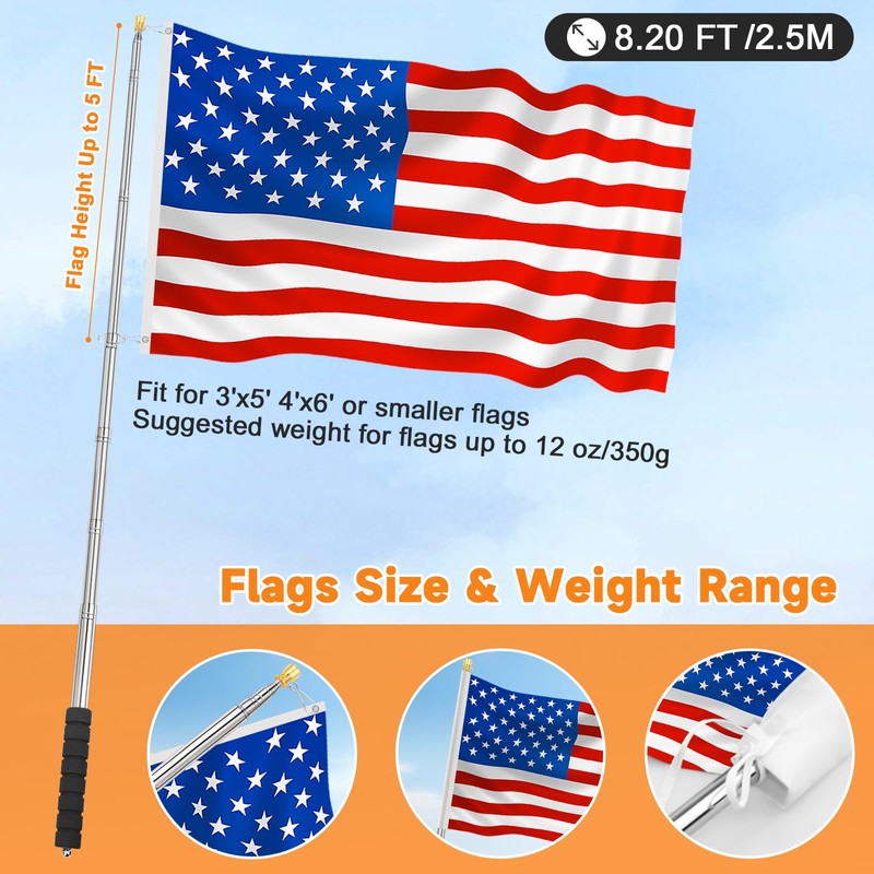 Telescopic Portable Handheld Flag Pole and 3'x5' American US Flag