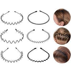 Qufiiry Pack of 6 Metal Hair Bands, Headband for Men and Women, Unisex Black Spring Headband, Wave Metal Hair Band for Outdoor Sports Yoga