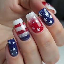 4 of July Press on Nails Independence Day Fake Nails Full Cover Square Medium Length False Nails with Star Stripe designs Glitter Acrylic Nails Red Blue White Patriotic Glue on Nails for Women 24pcs