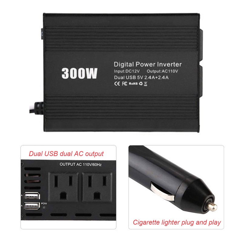 300W Digital Power Inverter Dual-USB-Port DC 12V to AC 110V