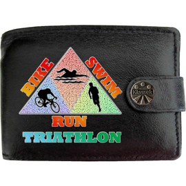Klassek Triathlon Set Running Swimming Cycling Mens Wallet Real Black Leather RFID Blocking with Coin Pocket and Metal Gift Box