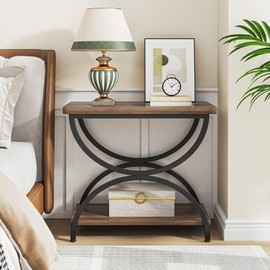 LITTLE TREE 2 Tiers End Side Table with C-Shapped Metal Frame, Wood Chairside Tables Living Room, 2-Tier Nightstand Bedside Table for Bedroom