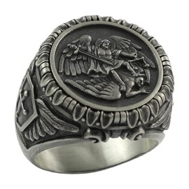 St Michael Ring for Men, Vintage Cross Shield Ring, Viking Angel Wings Ring, Saint Michael the Archangel Ring, Religious Amulet Ring, Punk Christian Faith Jewellery, NO