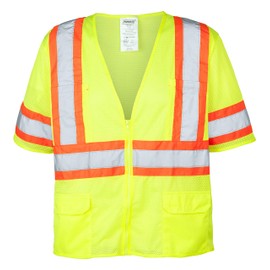 Ironwear 1293-LZ-2-M ANSI Class 3 Polyester Mesh SAFETY Vest with Zipper & 4" Orange/2" Silver Reflective Tape, Lime, Medium