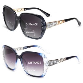 JM 2 Pack Bifocal Reading Sunglasses for Women Fashion Oversized Square Sun Readers Outdoor Reading Glasses UV400 Protection, Black & Clear Blue +3.5
